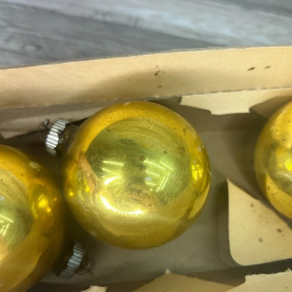 Vintage Shiny Brite Glass GOLD Christmas Ornaments in Original Box